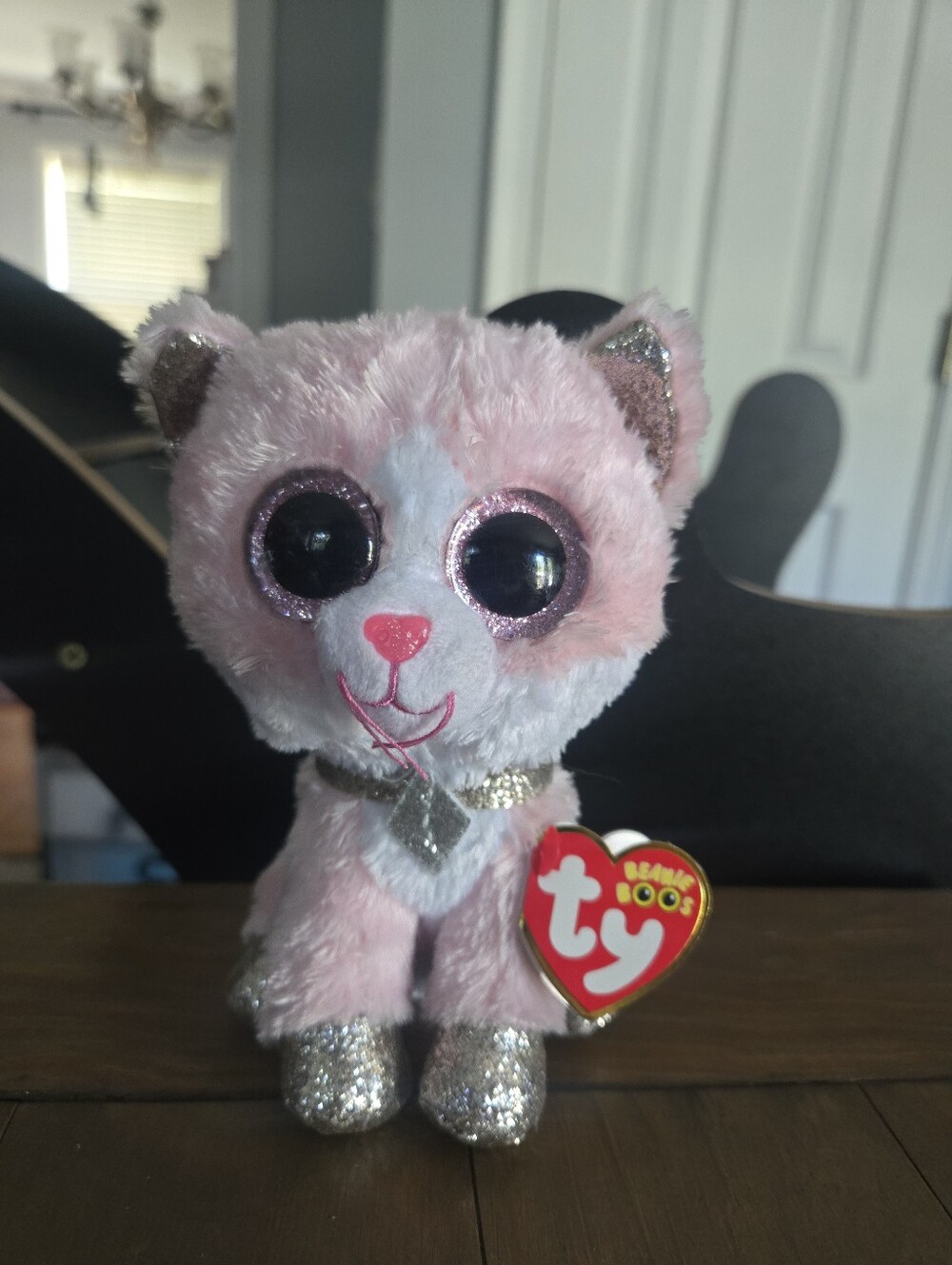 Ty Pink Glitter Cat Fiona Beanie Boo Plush with Sparkly Collar New
